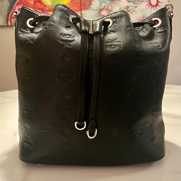 Authentic MCM Essential Monogram Leather Drawstring Bucket Bag + COA - Picture 3 of 16
